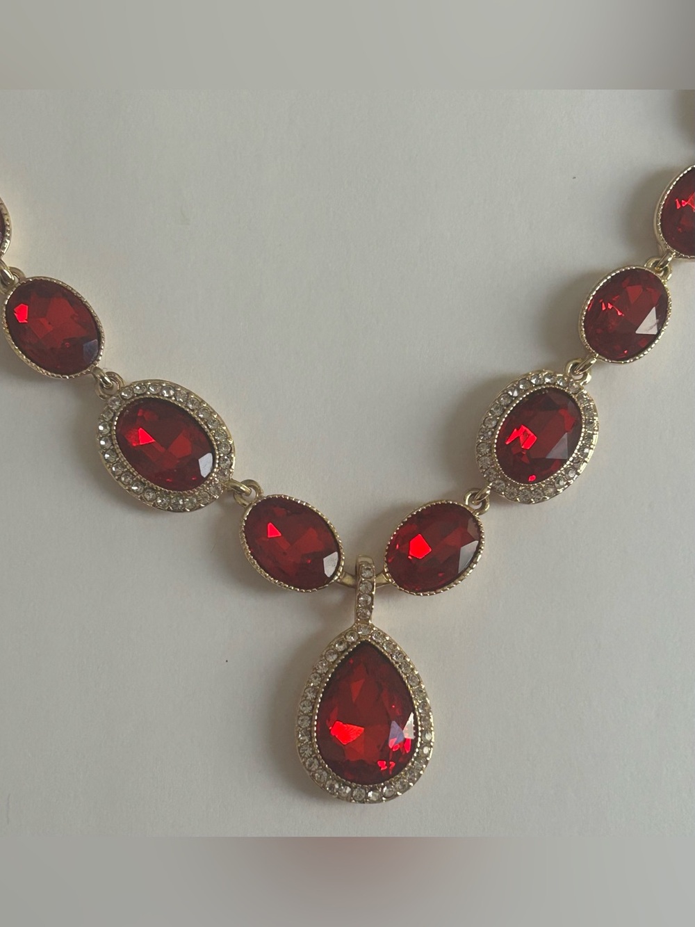 Vintage Monet Ruby Red Crystal Halo Necklace & Earring Set - Picture 6 of 15